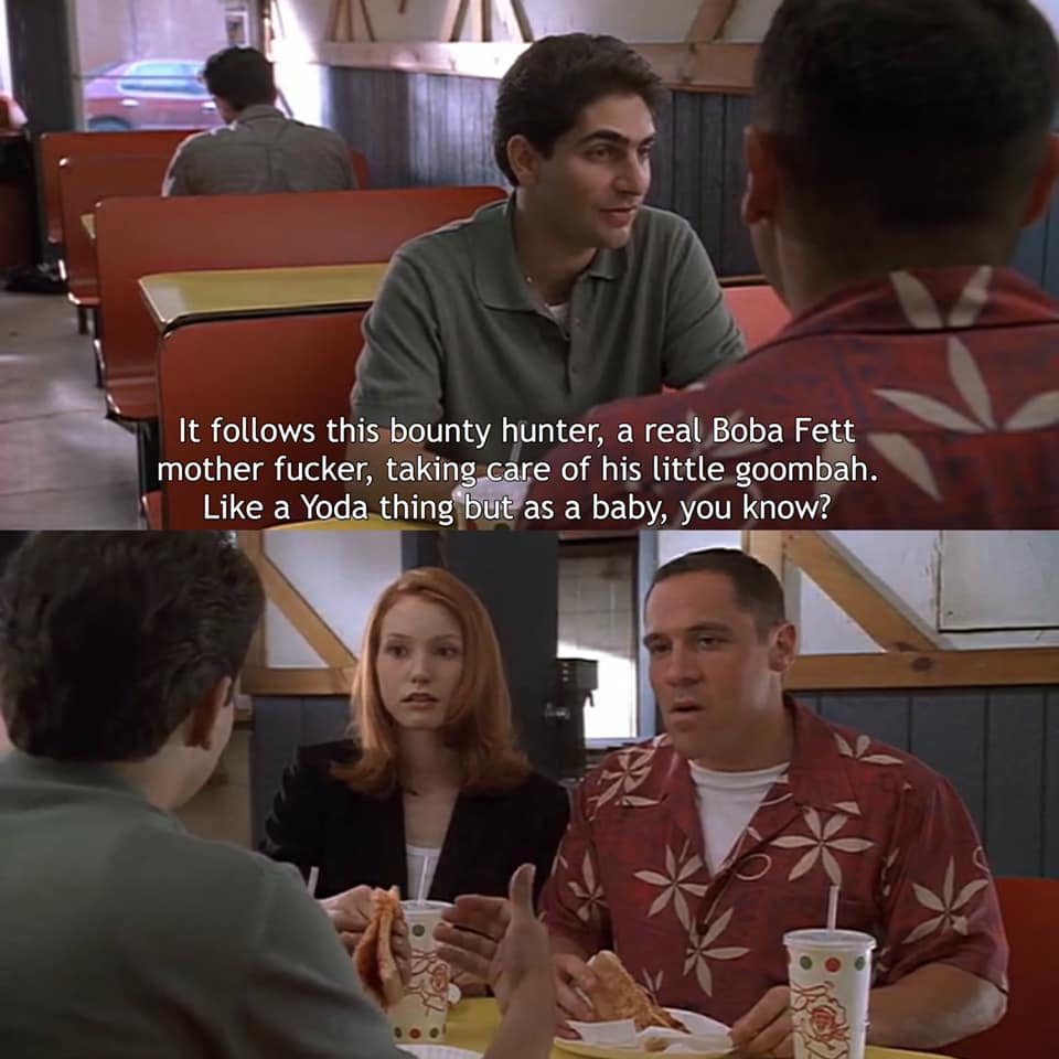 The meme is a screenshot from the TV show "The Mandalorian" with a character named Boba Fett, a bounty hunter, having a conversation with a young child, Din Djarin, who is referred to as "the Child" or "Baby Yoda". The meme shows a scene where Boba Fett is asking the Child about his favorite food, and the Child responds with a phrase that is a play on words referencing the character's name, "Boba Fett".